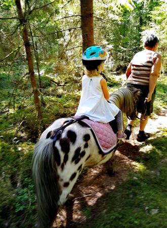 Mädchen auf einem Pony reitet durch den Wald